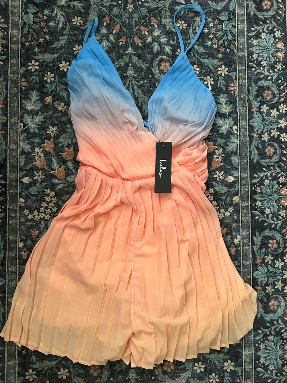 Lulu's Blue to Peach Ombré Pleated Spaghetti Strap Romper